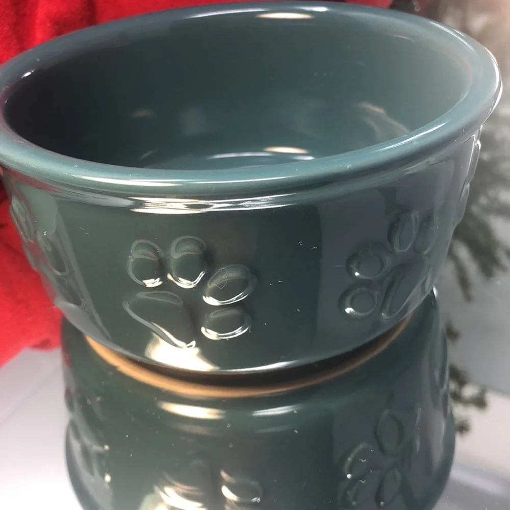 Pet bowl ceramic with raised paws print all around outside of bowl teal color
